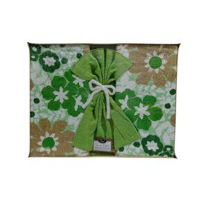 NOS Vintage Green & White Floral Print Towel Gift Set 100% Cotton
